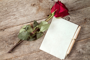 Old red rose and blank paper