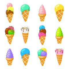 Collection of 12 vector ice cream illustrations isolated on white background. Funny cartoon style. Ice cream collection, vector illustration. Eps10