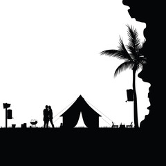 Fototapeta na wymiar camping in nature behind the cliff couple silhouette illustratio
