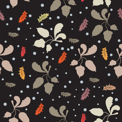 Late autumn vector seamless pattern. Falling leaves, acorns and snow on dark background. Illustration for textile, wrap or wallpaper.