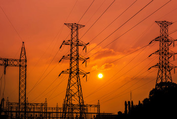 high voltage substation on  sunset background  