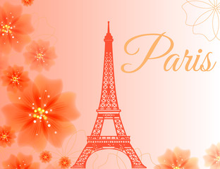 Paris Eiffel tower on a gentle pink background with flowers