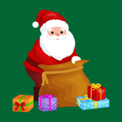 christmas Santa Claus with bag full of presents for winter holiday xmass, new year gifts vector illustration