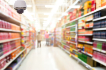 CCTV camera monitoring on the Abstract blurred photo of store in department store bokeh background,security concept