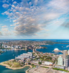 Magnificence of Sydney Harbour at sunaet, aerial view from helic