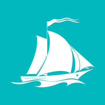 Yacht on the Waves, Sailing Vessel Isolated on Green, Travel Concept , Vector Illustration