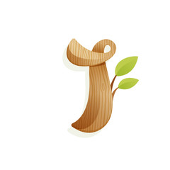 Letter I logo with wood texture and green leaves.