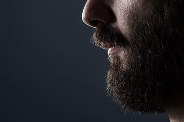 Obraz premium Profil Zamknij się człowieka z brązową brodą na szarym tle