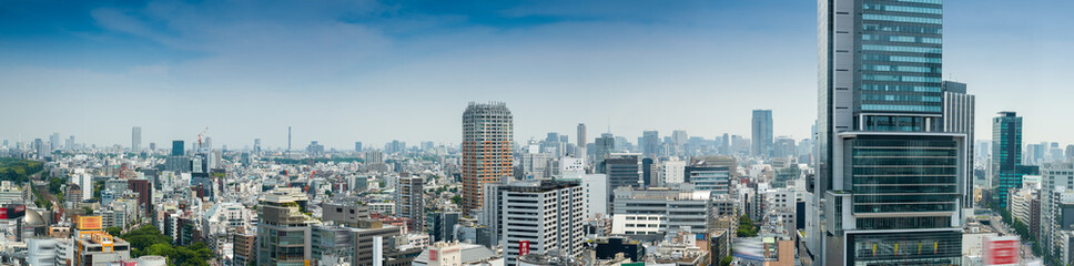 Aerial panoramic view of Tokyo buildings from Shibuya rooftop