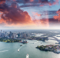 Sydney Harbour aerial view at sunset - obrazy, fototapety, plakaty