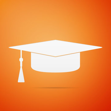 Graduation cap flat icon on orange background. Vector Illustration