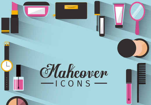 Makeup and Accessories Icon Border on Blue Background with Text Element