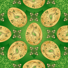 Easter seamless green pattern with golden eggs