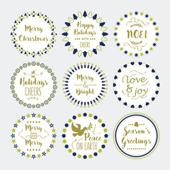 Cute Christmas and Holiday wishes wreath and emblems set