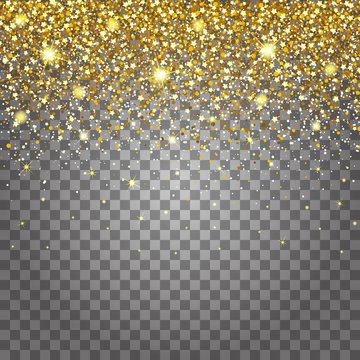 Effect of flying parts gold glitter luxury rich design background. Light gray background for effect. Stardust spark the explosion on a transparent background