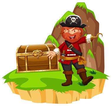 Pirate and wooden chest on island