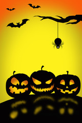 Halloween night : three lantern pumpkins in black silhouette 