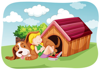 Obraz na płótnie Canvas Girl and pet dog in the garden