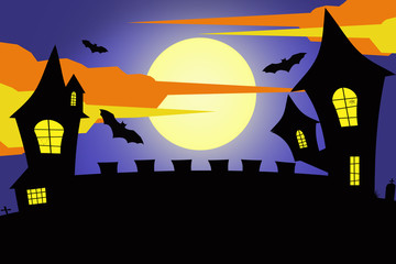 Halloween night : Horror castle and full moon on blue night sky