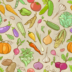 Vintage Cartoon Seamless Pattern with Colored Hand-drawn Contours of Vegetables