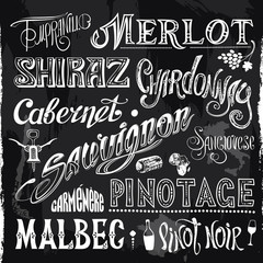 Chalk-drawn Retro Set of Lettering Titles of Different Sorts Wine on Blackboard