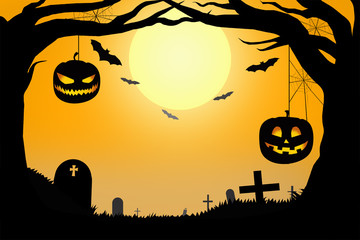 Halloween night : Graveyard and pumpkin hang on horror tree 