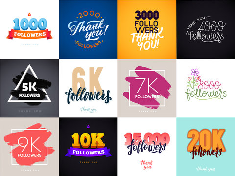 Vector thanks design template SET for network friends and followers. Thank you  card. Image  Social Networks. Web user celebrates a large number of subscribers or 