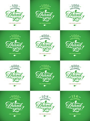 Ecology Green Leaf Vector thanks design template SET for network friends and followers. Thank you  card. Image  Social Networks. Web user celebrates large number of subscribers 