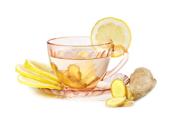 A Cup Of Ginger Tea With Lemon. Ginger Tea  Isolated On White Ba