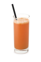 glass of carrot juice on white background