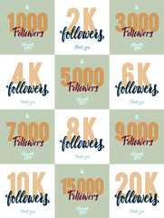 Vector thanks design template SET for network friends and followers. Thank you  card. Image  Social Networks. Web user celebrates a large number of subscribers or 