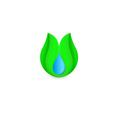 Isolated abstract blue water drop in green leaf logo. Natural pure liquid logotype. Fresh drink icon. Dew sign. Vector illustration.