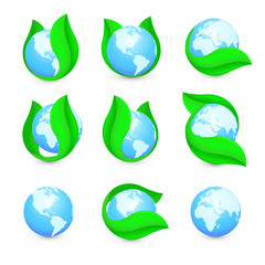 Isolated abstract blue earth hemispheres in green leaf logo set. Natural pure liquid logotype collection. Planet globe symbol. Fresh drink icon. Dew sign. Vector water drop illustration.