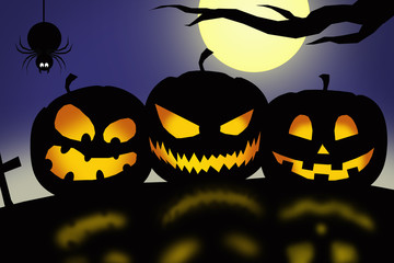 Halloween night : three lantern pumpkins in black silhouette on blue night sky