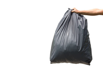 man hand holding garbage bag isolated on white background