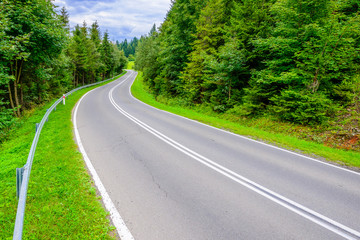Fototapeta premium Winding Asphalt road in green forest