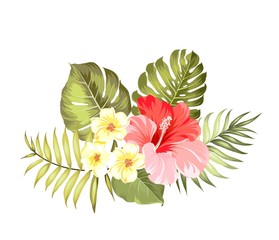 Happy holiday card with floral garland. Wedding garland set with tropical flowers for invitation card. Summer holiday invitation card with floral garland with text place. Vector illustration.