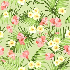 Seamless tropical flower. Tropical plumeria and green palm leaves. Light fabric swatch with pradise flowers isolated over white background. Blossom plumeria for seamless pattern background.
