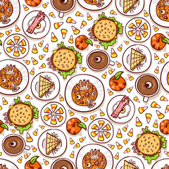 Halloween meal seamless pattern on white. Assortment of dips with scary food, top view. Hand drawn sketchy background, design element for halloween party invitation or web banner