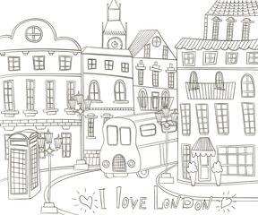 London landscape in vintage doodle style. I love london. Hand drawn vector illustration