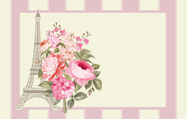 Eiffel tower post card design. Template of vintage post card with eiffel tower and flowers. Vector illustration.