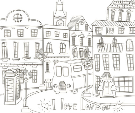London landscape in vintage doodle style. I love london. Hand drawn vector illustration