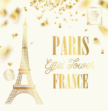 Eiffel tower icon with Golden confetti falls isolated over white background and sign Paris Eiffel Tower France. Vector illustration.