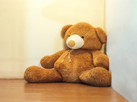 Teddy Bear leaning against the wall.