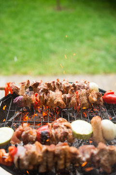 Skewers of various meats and vegetables on the grill