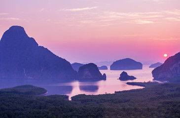 Amazing view and colorful sunrise at Samed Nang chee in Phang Nga bay, Thailand