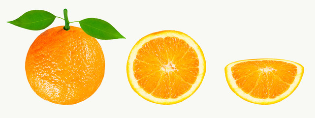 Obraz na płótnie Canvas Orange with sprig and sliced oranges on white background