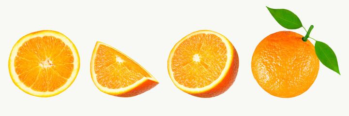 Orange with sprig and sliced oranges on white background - 125027962