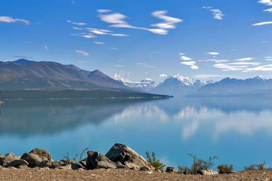 Lake Pukaki fed by the Tasman River, which has its source in the Tasman and Hooker Glaciers, close to Aoraki / Mount Cook in South Island of New Zealand