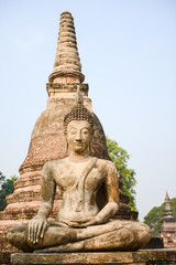 Fototapeta premium Old buddha in the temple at Sukhothai Historical Park in Sukhothai Province, Thailand